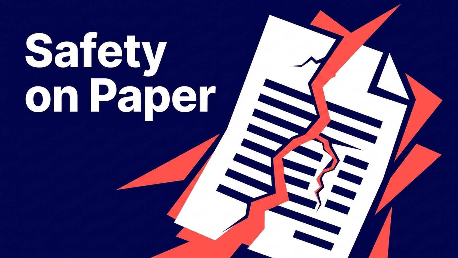 Bold typographic poster with the headline “Safety on Paper” set in white against a deep navy background, a cracked policy document with coral-red accents splitting diagonally through the composition.