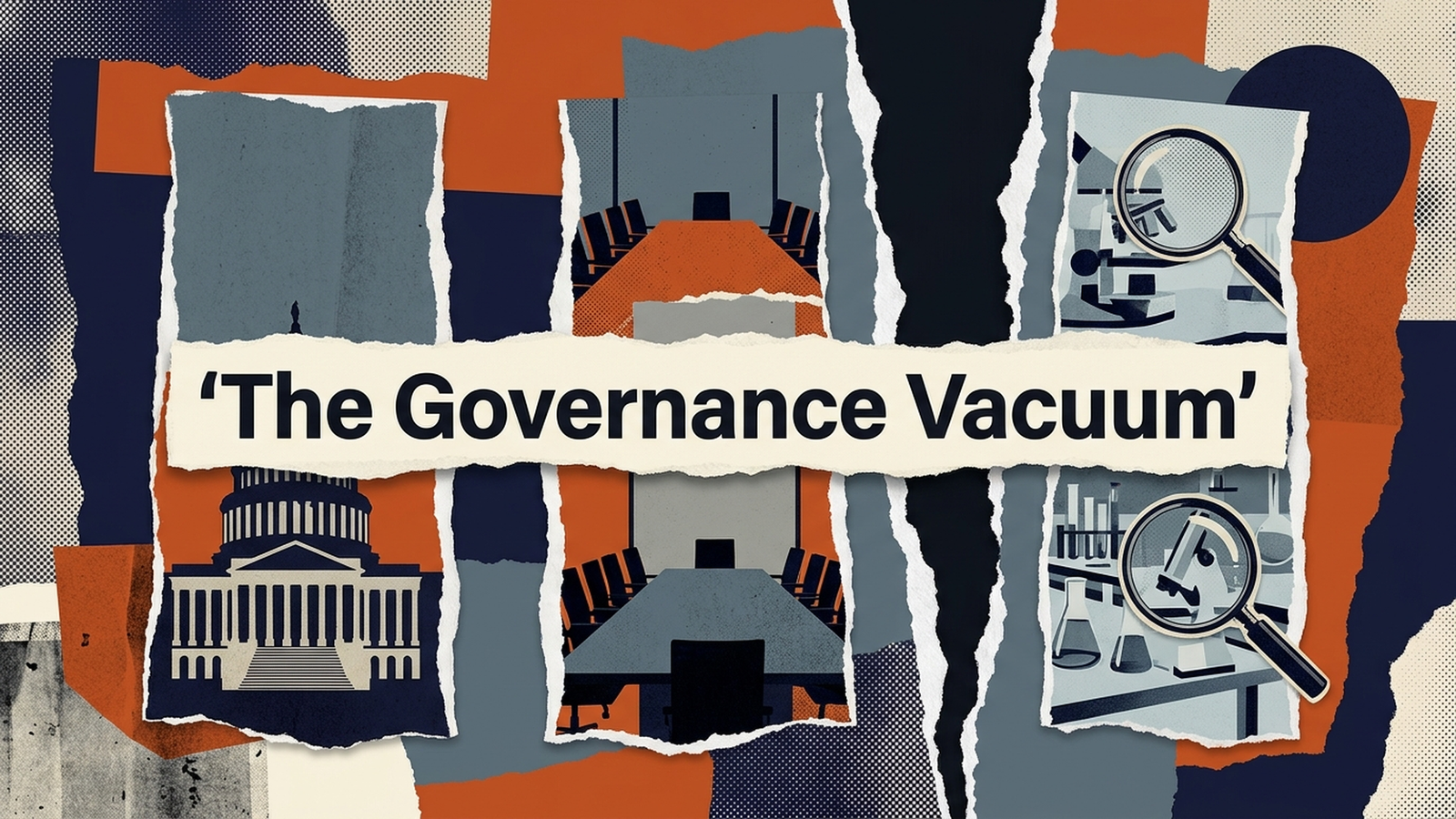 A fractured mirror reflecting three different images: a government building, a corporate boardroom, and an independent laboratory, representing the three competing positions on AI safety governance.