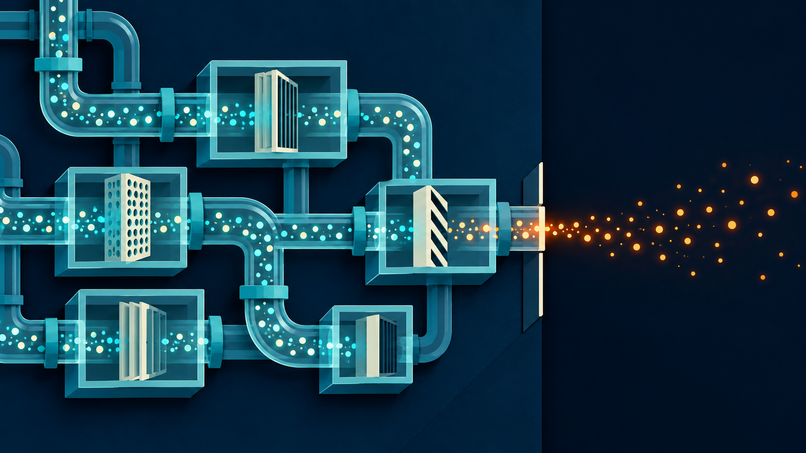 Editorial illustration of a containment network: transparent modular conduits and checkpoint gates channelling glowing data particles, with one conduit ending at an unguarded gap opening into dark space.