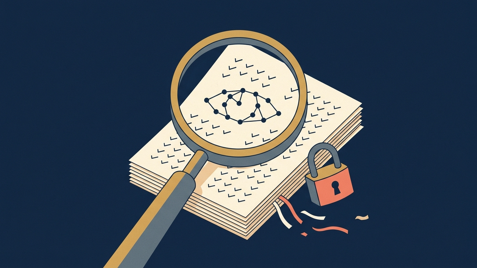 Flat editorial illustration of a magnifying glass over a stack of tick-marked assessment papers, the ticks drifting into a watchful constellation of connected nodes, beside a padlock with an empty keyhole, on a deep navy background.