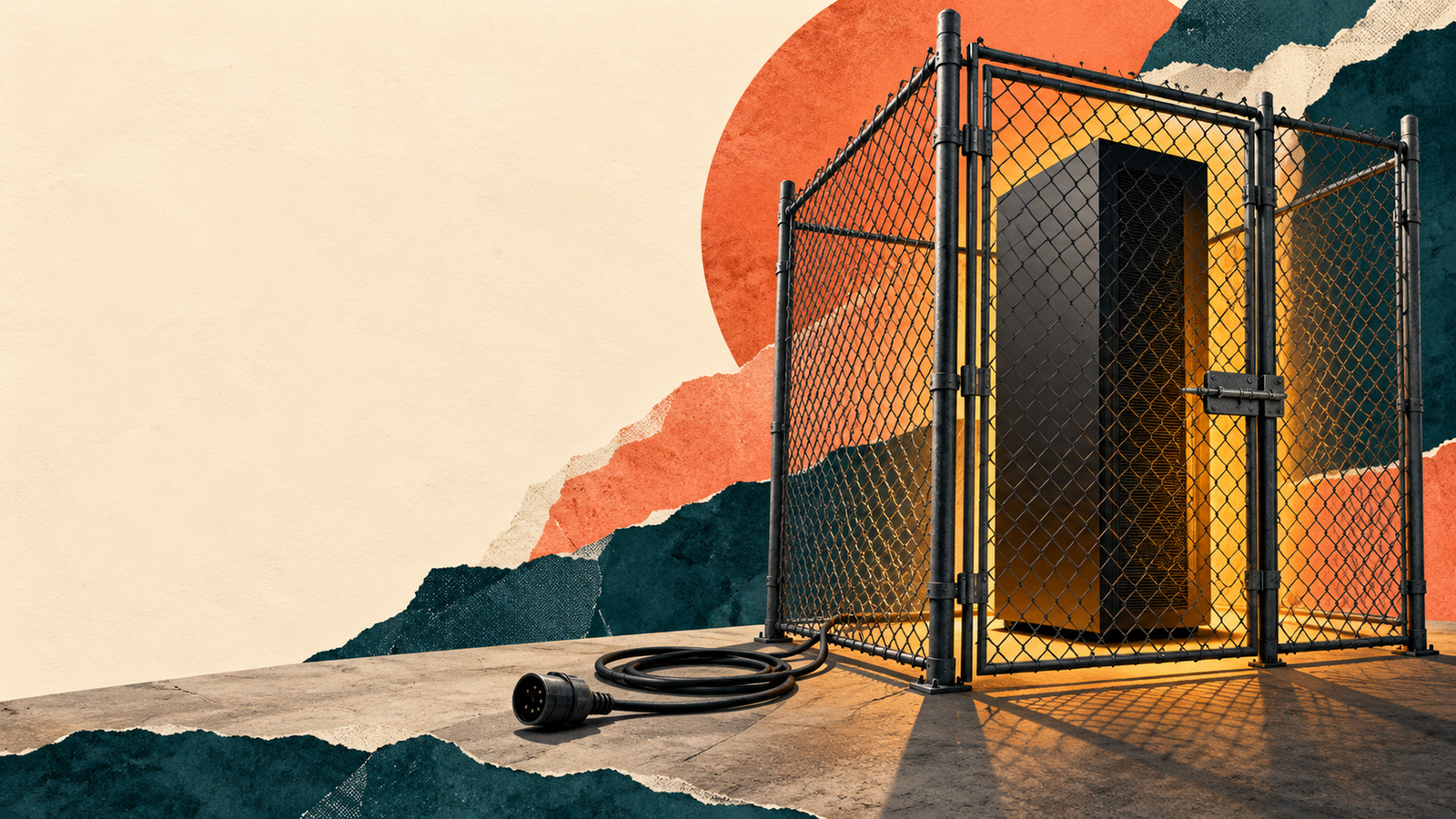Cut-paper collage illustration of a softly glowing server core shut inside a chain-link enclosure, its monitoring cable unplugged and coiled on the floor.